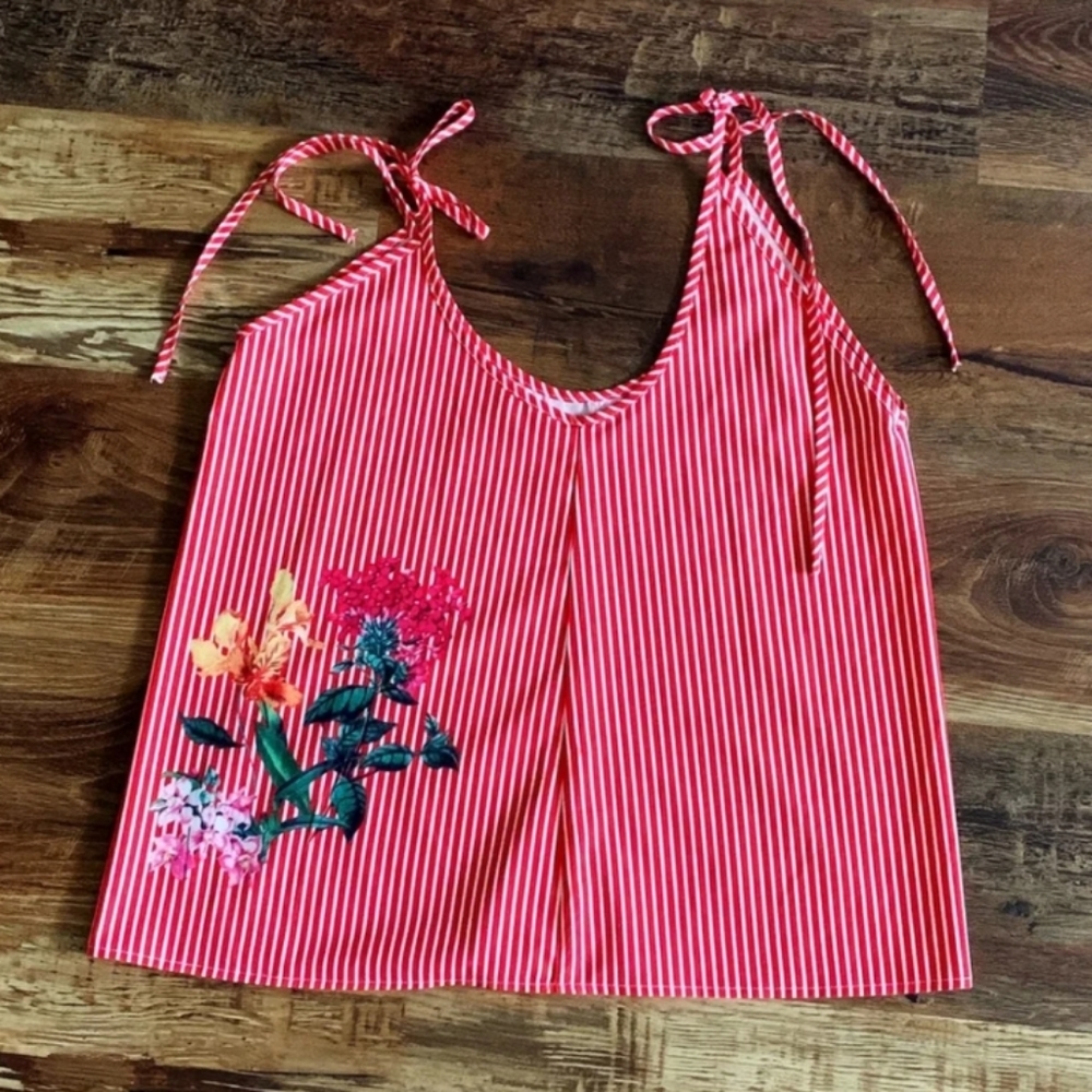 Red & White Pinstripe Tie Shoulder Floral Tank Top